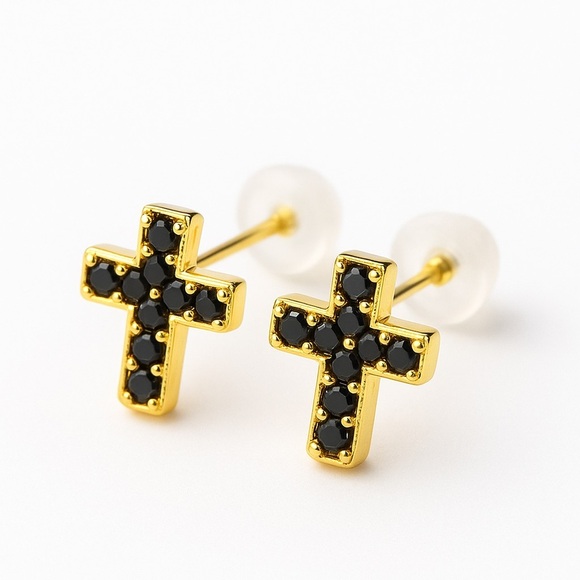 None Jewelry - ✨ 18K Gold Plated Black Stone Cross Stud Earrings